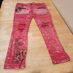 8IGHTH/DSTRKT MEN'S BIKER FIT JEANS HEAVY WASHING AND EMBROIDERED GRAFFITI.